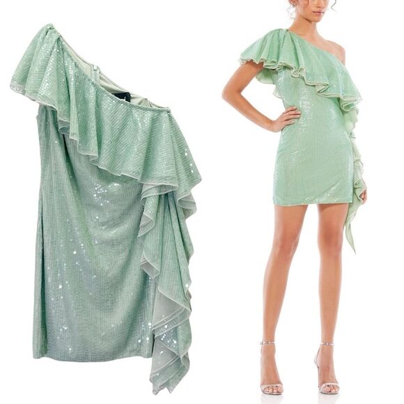 Mac Duggal Sage Sequin One Shoulder Ruffle Mini Dress Size 6 Party Cocktail - Picture 1 of 16